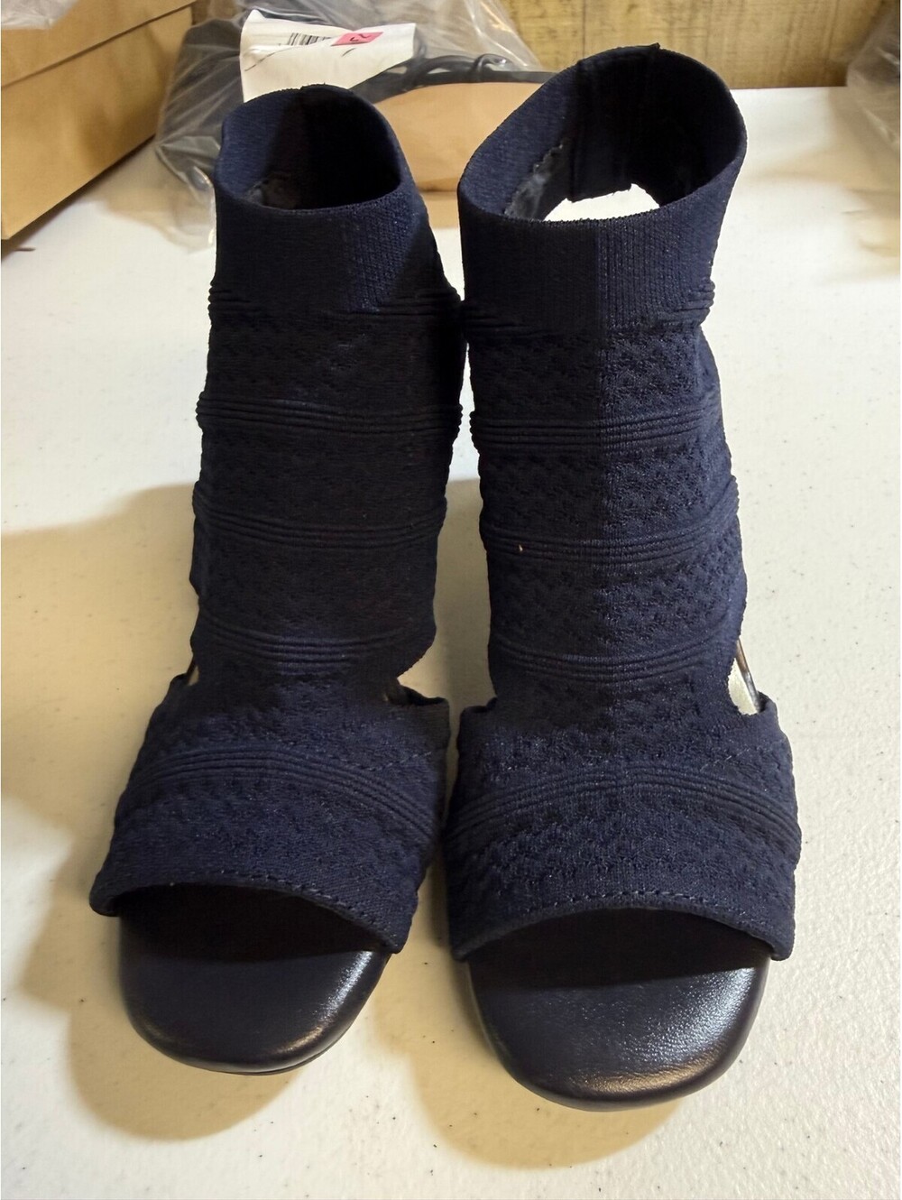 Impo Vision Navy Stretch Knit Open Toe Block Heel Booties Size 6.5M